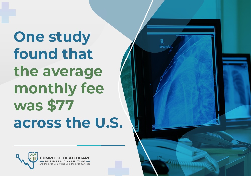 Infographic with text that reads "One study found that the average monthly fee was $77 across the U.S."